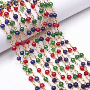 3.5 mm Ruby & Emerald Chalcedony Hydro Beads Rosary Chain,1-25 feet Gold Plated Wire Wrap Rondelle Faceted Beaded Chain Rosary Jewelry