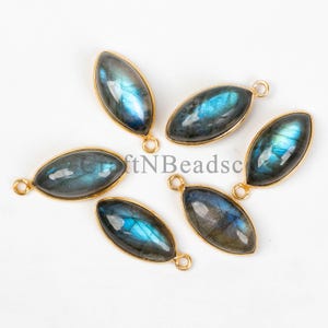 Connecteur à bélière lisse en forme de marquise, labradorite, avec breloque plaqué or, vendu à l'unité, composant prêt à l'emploi, 10 x 20 mm