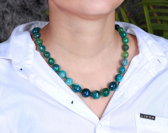 Aqua Spider Agate Knotted Necklace, Handmade Round Gemstone Beads