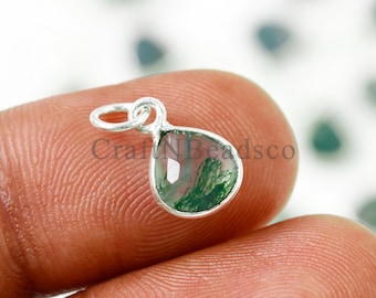 Natural Moss Agate Pear Charm 7-8mm Silver Bezel Pendant, Moss Agate Drop Connector, Gemstone Charm for Necklace Bracelet Jewelry Making