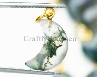 Natural Moss Agate  Carved Crescent Moon Charm, Electroplated Natural Stone Charm, Moss agate Moon Charm 15mm approx.