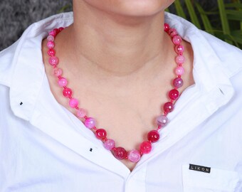 Natural Agate Gemstone Smooth Beads Necklace, Spider Agate Beaded Necklace, Gemstone Necklace, Adjustable Beaded Necklace, Gift For Wife