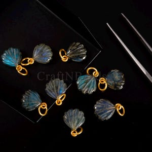 Labradorite Shell Charm 11mm, Fan Shape  Pendant, Flashy Blue Labradorite Connector, Gold Plated Gemstone Charm, Jewelry Making Supply