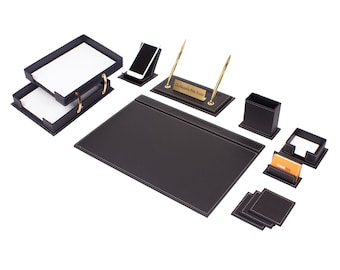 Tuva Leather Desk Set Nero 11 Accessori / Set da scrivania personalizzato / Miglior regalo per tutti / Regalo personalizzato / Spedizione gratuita