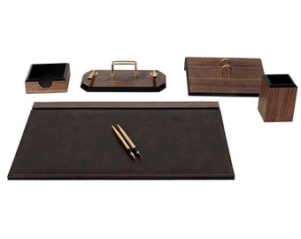 Wooden Desk Set Walnut Wood 6 Accessories | Personalized Leather Desk Set | Best Gift For All | Customized Gift | Free Shipping