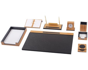 Juego de escritorio terra de madera Zebrano 10 Accesorios / Juego de escritorio personalizado / Mejor regalo para todos / Accesorios de escritorio de cuero / Envío gratuito