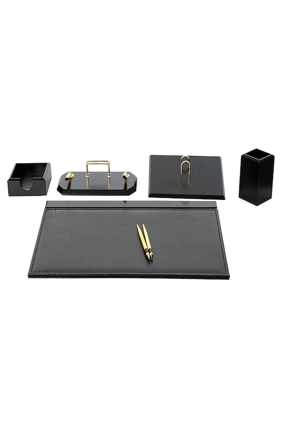 Wooden Desk Set Black 6 Accessories Personalized Leather Etsy