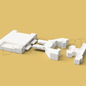 May include: White plastic connector with three separate pieces. The connector has a square base and two interlocking pieces.