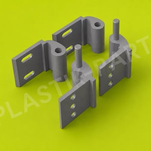 May include: Four grey plastic hinge components arranged in a cluster. Two pieces feature a cylindrical barrel with a vertical pin, while the other two pieces feature a corresponding barrel with a hole. Each piece has flat mounting plates with holes.