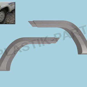 May include: Two grey, curved fender flares for a vehicle, with a beveled edge on one end. The flares are shown against a light blue background, with a small inset image of a vehicle wheel. The text "PLASTIK PARTS" is watermarked across the image.