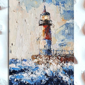 Lighthouse Original Painting Coastal Art Lighthouse Artwork Small Art Impasto Oil Painting 7 x 5 by ARTbyOlgaOZ