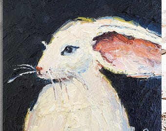 Wit konijn olieverfschilderij Impasto Bunny originele kunst 6 x 6 ARTbyOlgaOZ