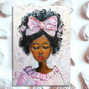 Black Woman Painting African American Original Art Girl in Pink Artwork Impasto Oil Painting 7 x 5 by ARTbyOlgaOZ