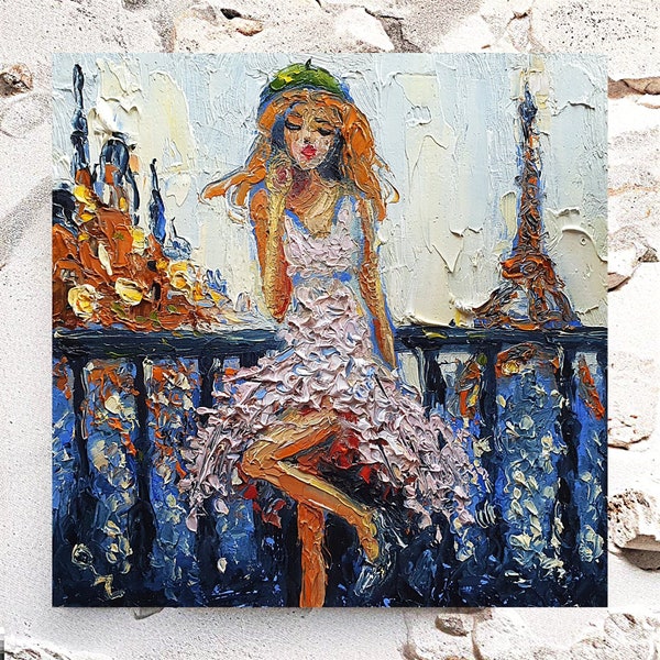 Jeune fille à Paris, peinture scène de Paris, oeuvre d'art figurative originale, empâtement, peinture à l'huile 6 x 6 par ARTbyOlgaOZ
