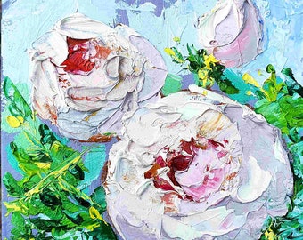 Pink Peony Painting Floral Original Art Peonies Artwork Impasto Oil Painting 4 by 4 by ARTbyOlgaOZ