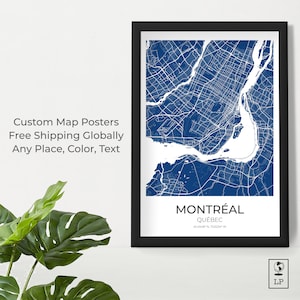 May include: A blue and white map print of Montreal, Quebec, Canada. The map shows the city streets and waterways. The text "MONTRÉAL QUÉBEC 45.4548° N 73.6234° W" is printed below the map.