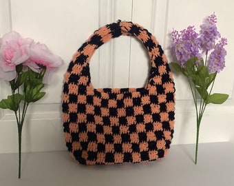 Crochet Sparkly Blue and Orange Checkered Bag
