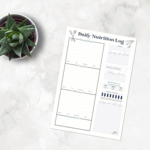 May include: A printable daily nutrition log with sections for breakfast, lunch, dinner, and snacks. It includes space to track calories, protein, carbs, and fat, as well as daily gratitude, hours of sleep, medication or supplements, water intake, and physical activity.