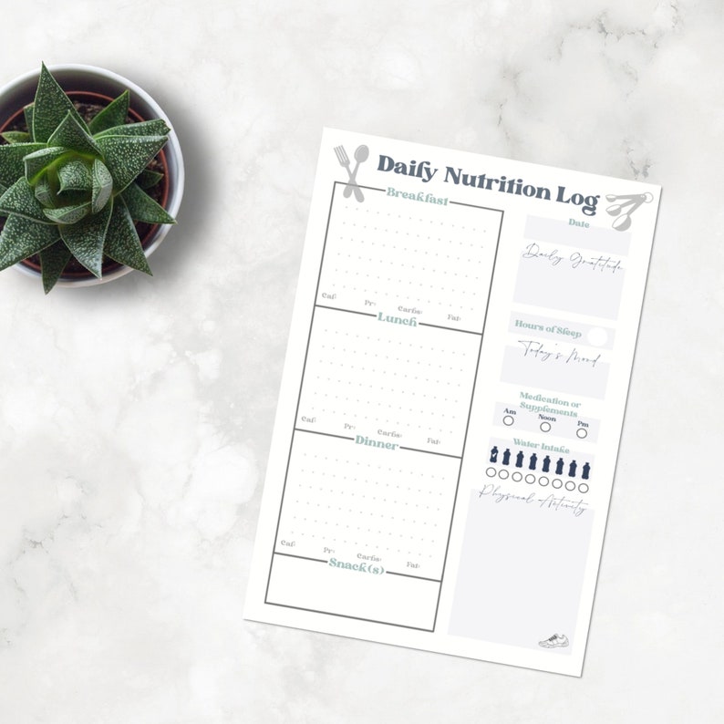 May include: A printable daily nutrition log with sections for breakfast, lunch, dinner, and snacks. It includes space to track calories, protein, carbs, and fat, as well as daily gratitude, hours of sleep, medication or supplements, water intake, and physical activity.