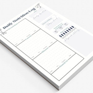 May include: A printable daily nutrition log with sections for breakfast, lunch, dinner, snacks, water intake, physical activity, hours of sleep, and daily gratitude. The log is designed to help people track their food intake and physical activity.
