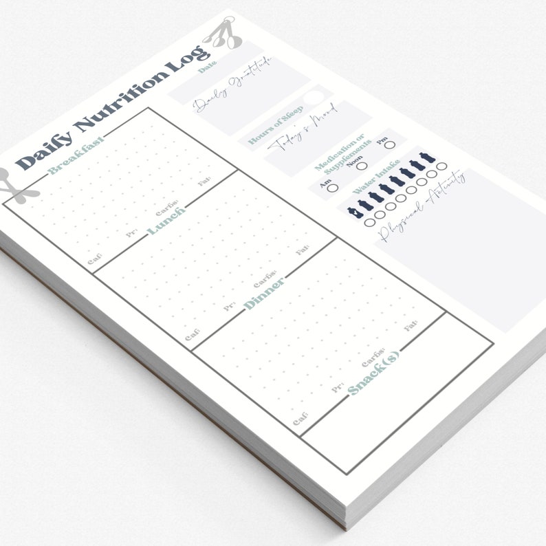 May include: A printable daily nutrition log with sections for breakfast, lunch, dinner, snacks, water intake, physical activity, hours of sleep, and daily gratitude. The log is designed to help people track their food intake and physical activity.