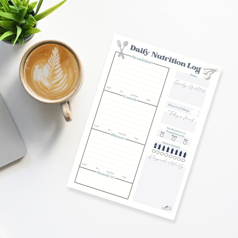 May include: A printable daily nutrition log with sections for breakfast, lunch, dinner, and snacks. The log also includes sections for daily notes, hours of sleep, medication or supplements, water intake, and physical activity.