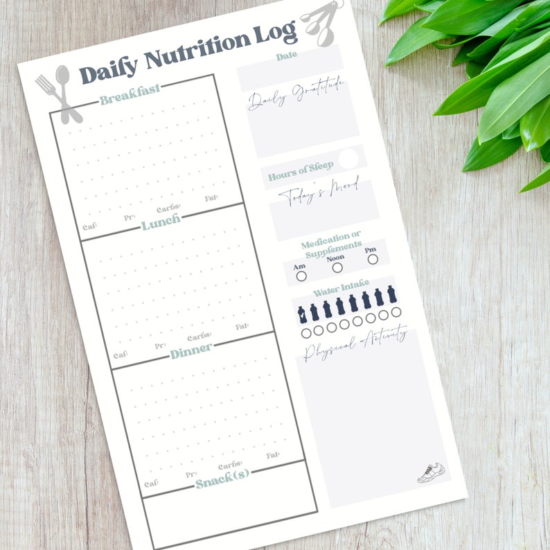 May include: A printable daily nutrition log with sections for breakfast, lunch, dinner, snacks, daily gratitude, hours of sleep, medication or supplements, water intake, and physical activity. The log is designed to help people track their food intake and exercise.