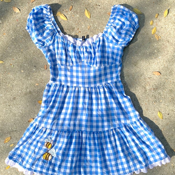 Rust Plaid Puff Short Sleeve Check Tiered Dress