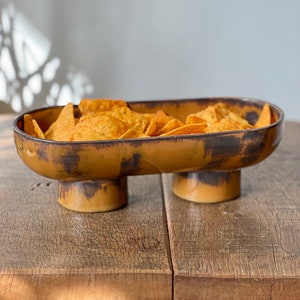 Rustic Double Footed Bowl, Unique Ceramic Serving Bowl, Sage İncense Burner, Ceramic Serving Appetizer Tray, Decorative Ceramic Fruit Bowl