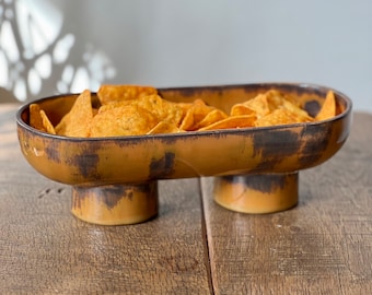 Rustic Double Footed Bowl, Unique Ceramic Serving Bowl, Sage İncense Burner, Ceramic Serving Appetizer Tray, Decorative Ceramic Fruit Bowl