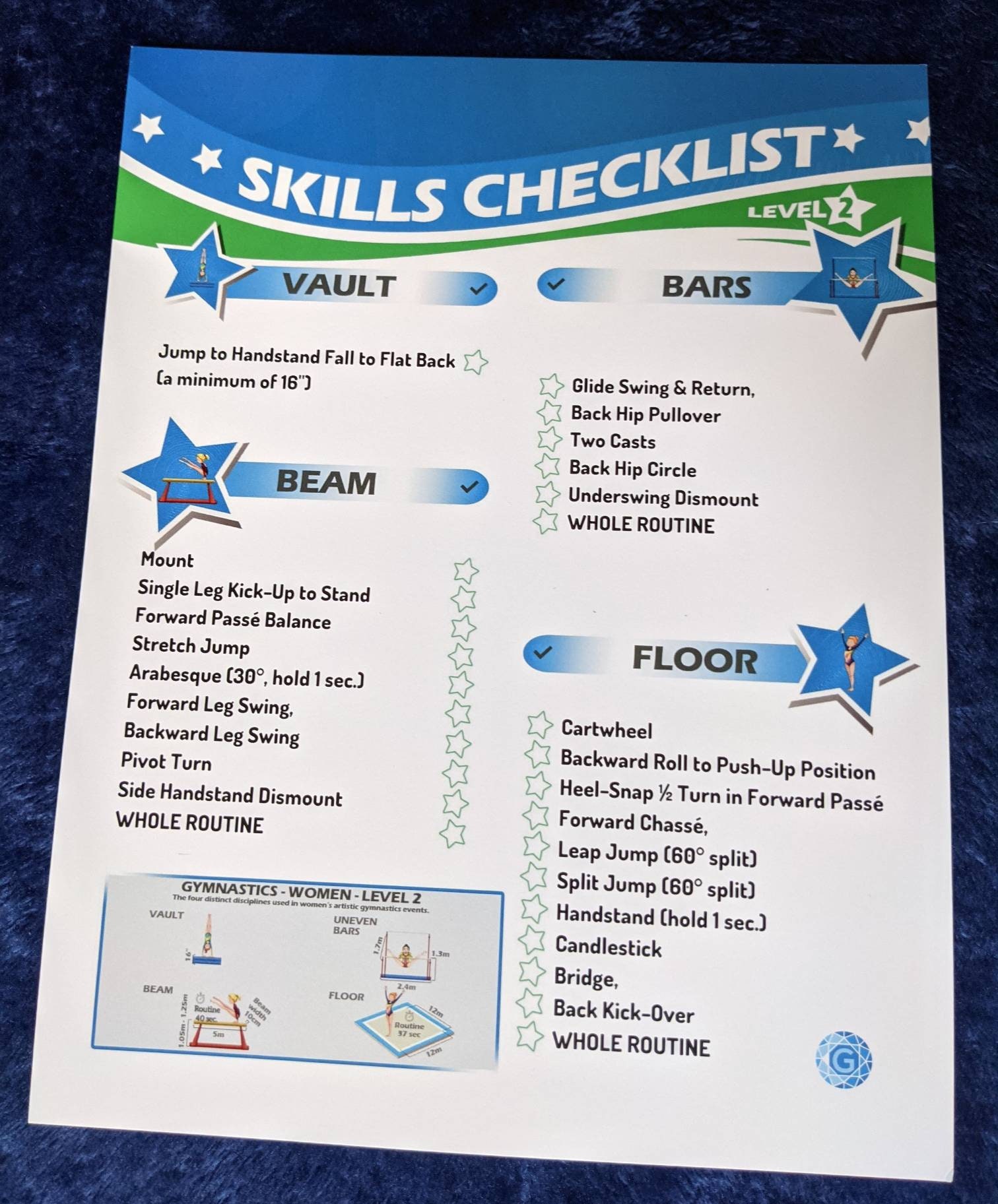 Gymnastics Skills Checklist Compulsory Level 2 Printed Etsy