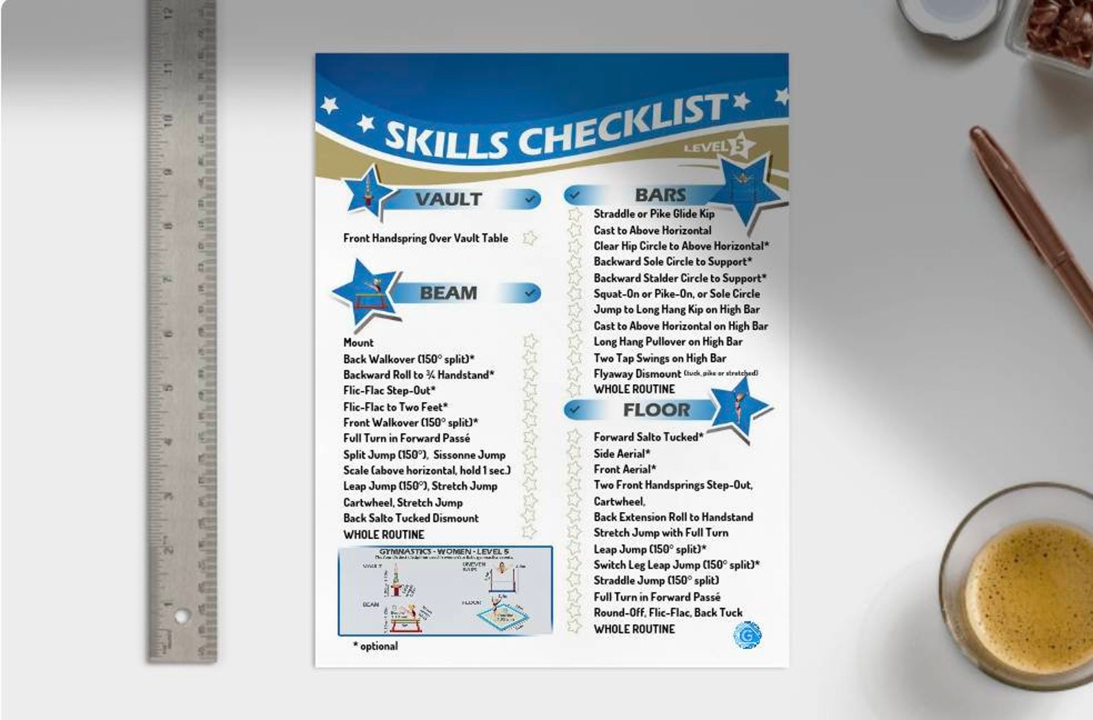 Gymnastics Skills Checklist Compulsory Level 5 Printed Etsy