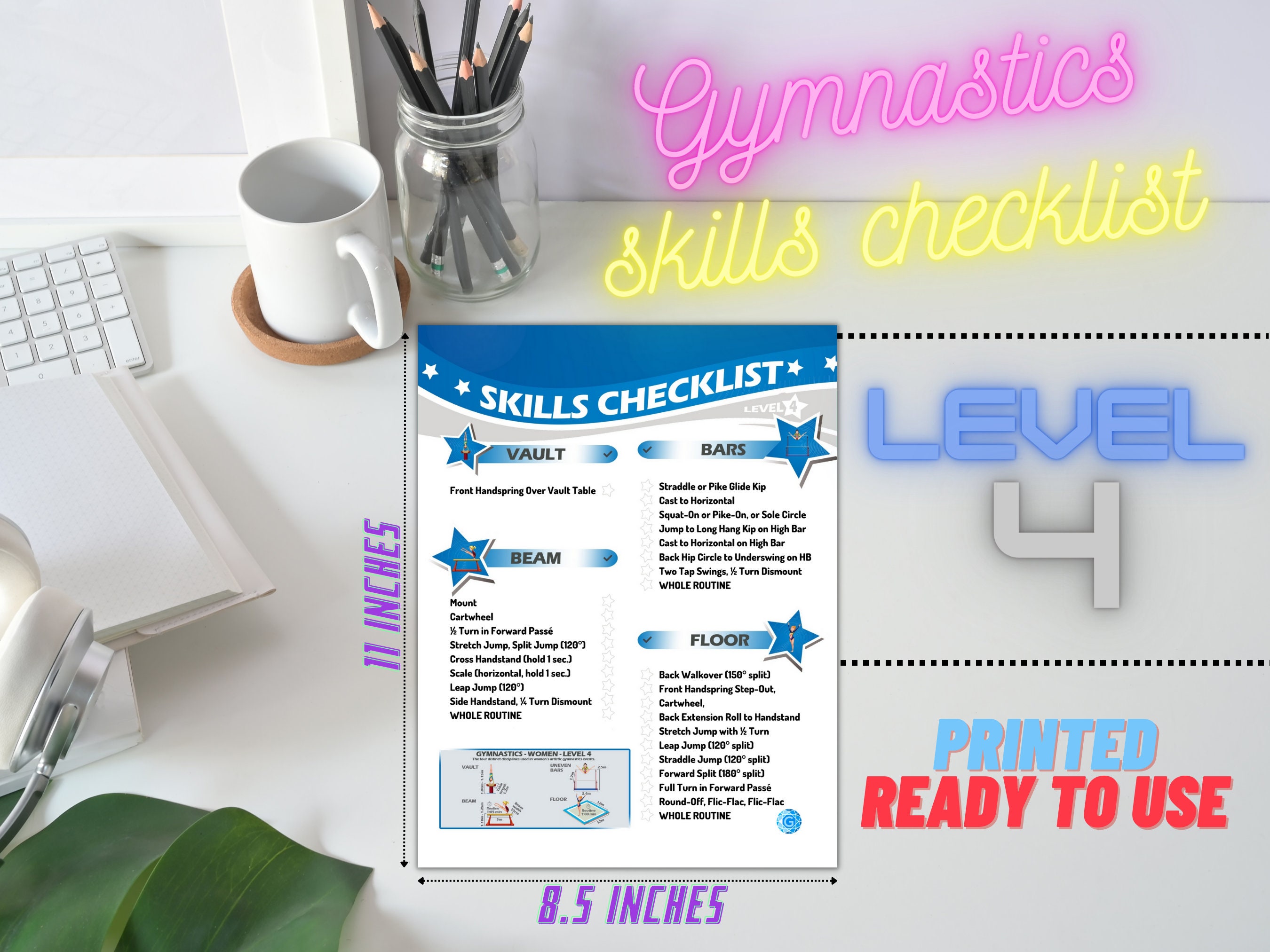 Gymnastics Skills Checklist Compulsory Level 4 Printed 8.5inx11in
