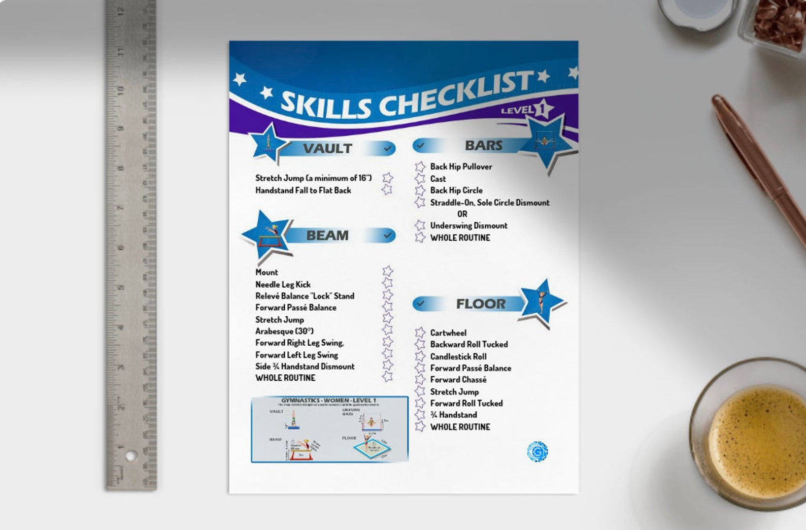 Gymnastics Skills Checklist Compulsory Level 1 Printed 8.5inx11in