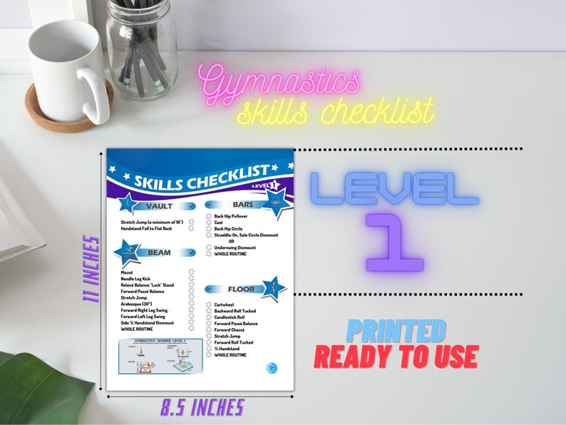 Gymnastics Skills Checklist Compulsory Level 1 Printed 8.5inx11in