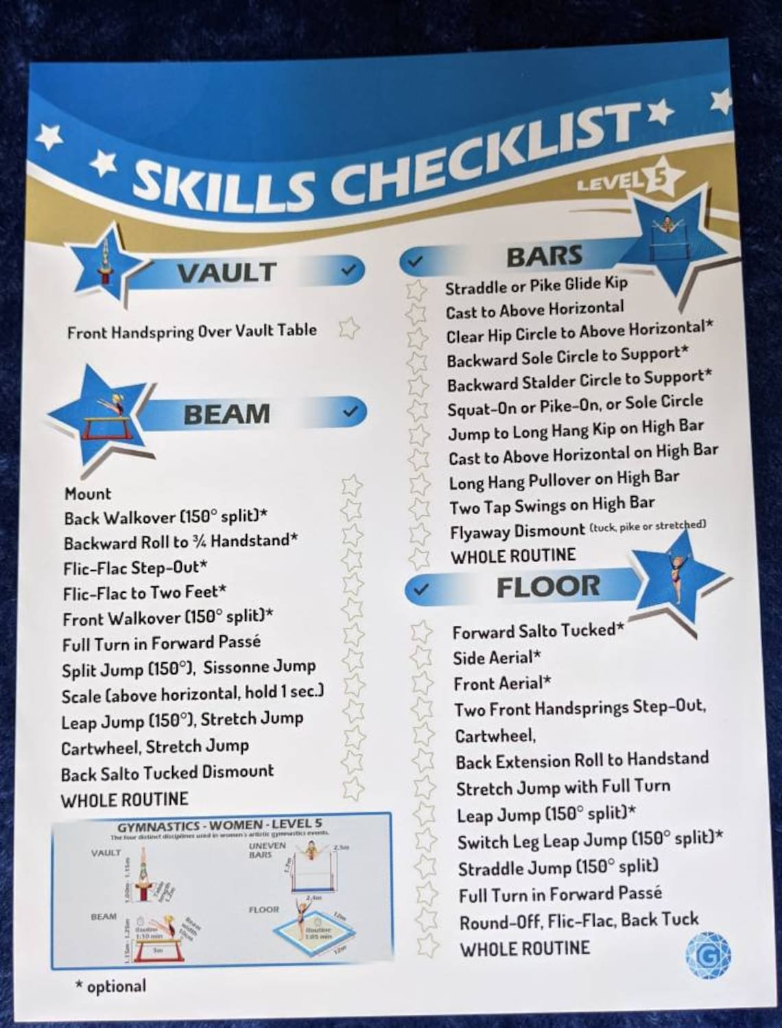 Gymnastics Skills Checklist Compulsory Level 5 Printed Etsy