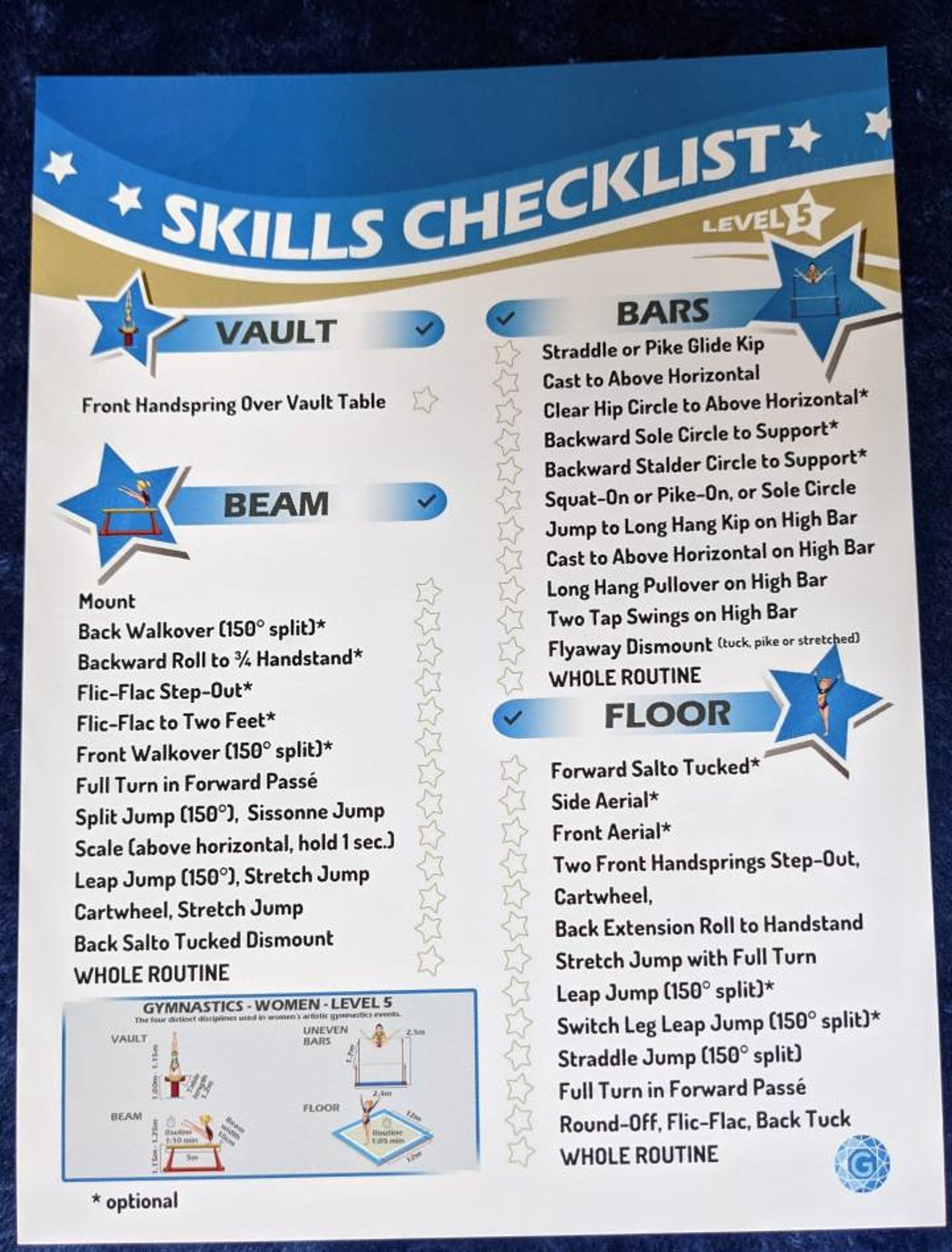 Gymnastics Skills Checklist Compulsory Level 5 Printed Etsy