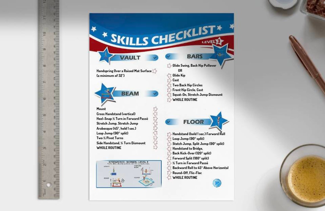Gymnastics Skills Checklist Compulsory Level 3 Printed 8.5inx11in