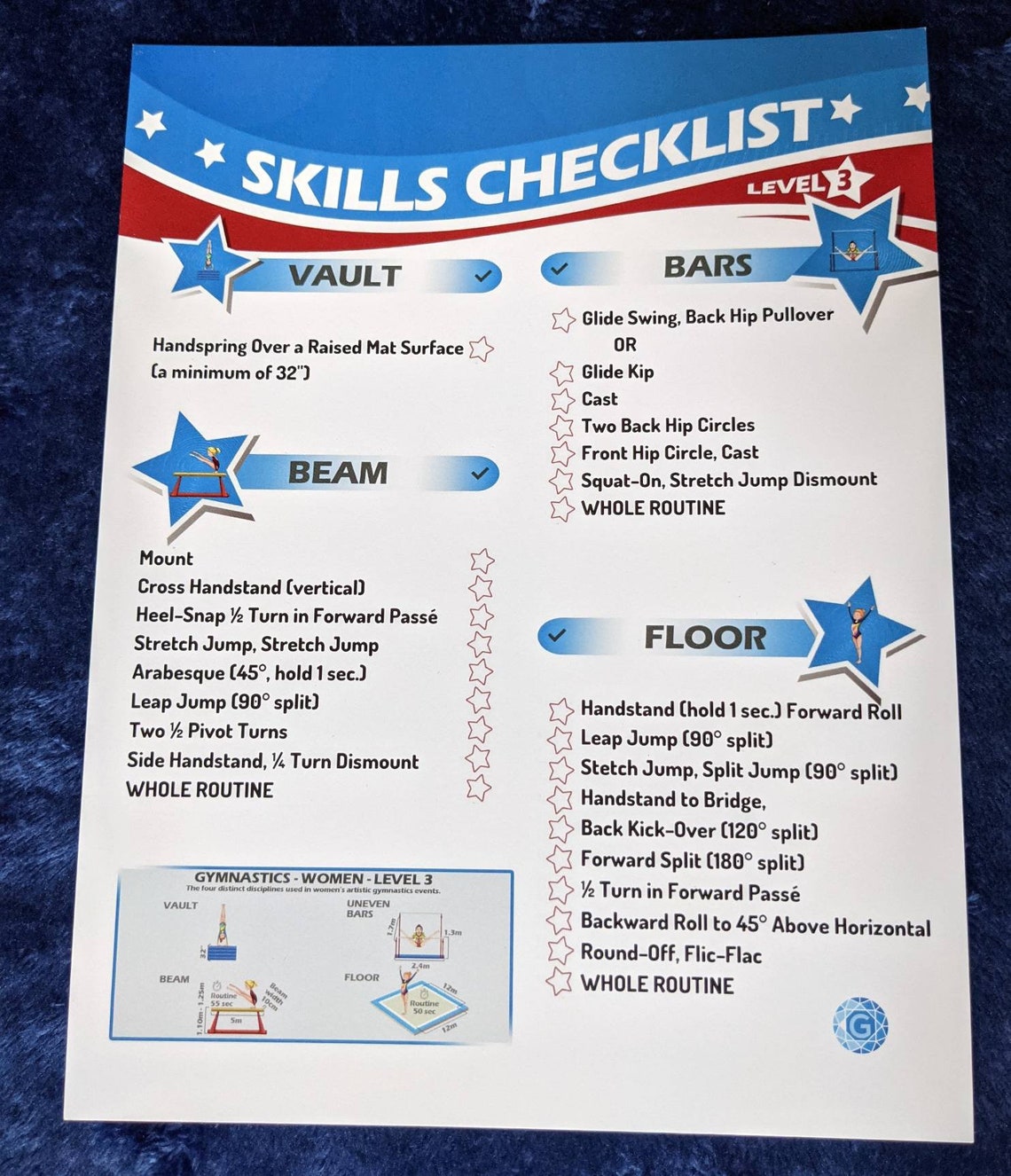 Gymnastics Skills Checklist Compulsory Level 3 Printed 8.5inx11in
