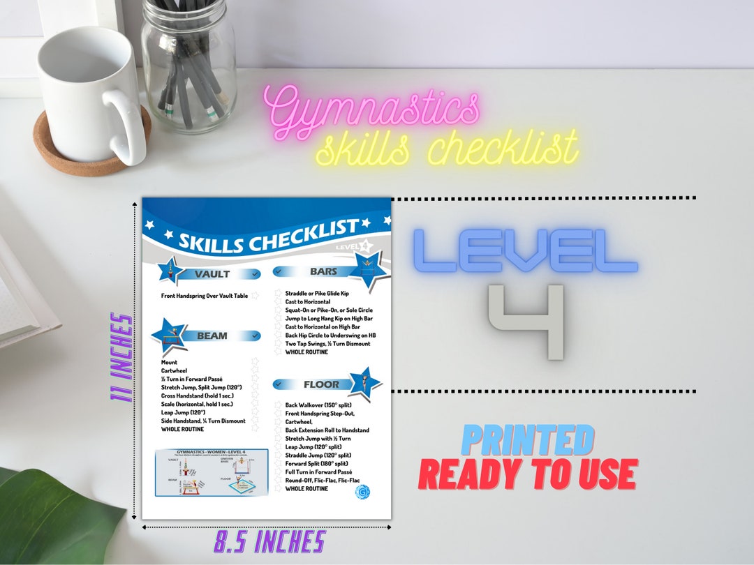 Gymnastics Skills Checklist Compulsory Level 4 Printed 8.5inx11in