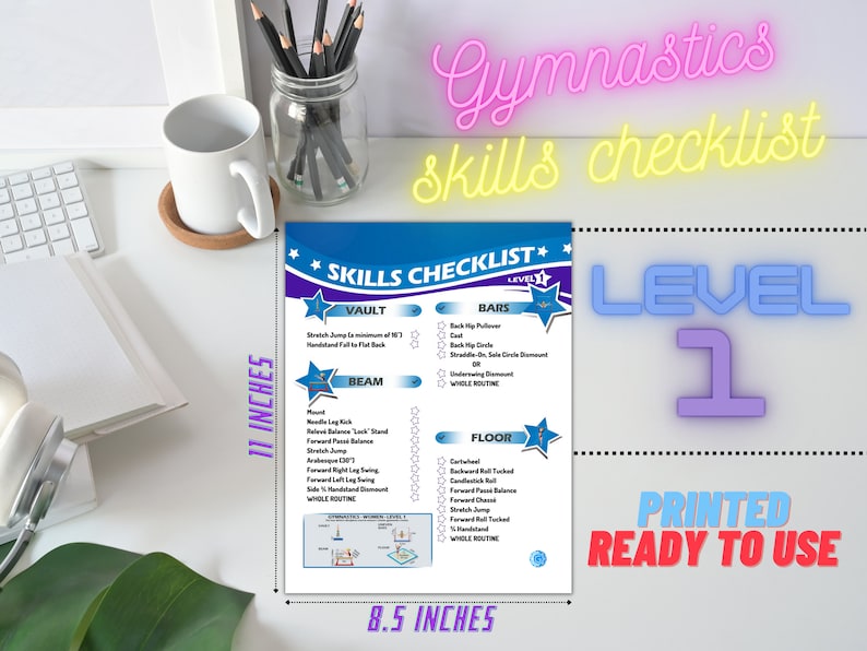 Gymnastics Skills Checklist Compulsory Level 1 Printed 8.5inx11in