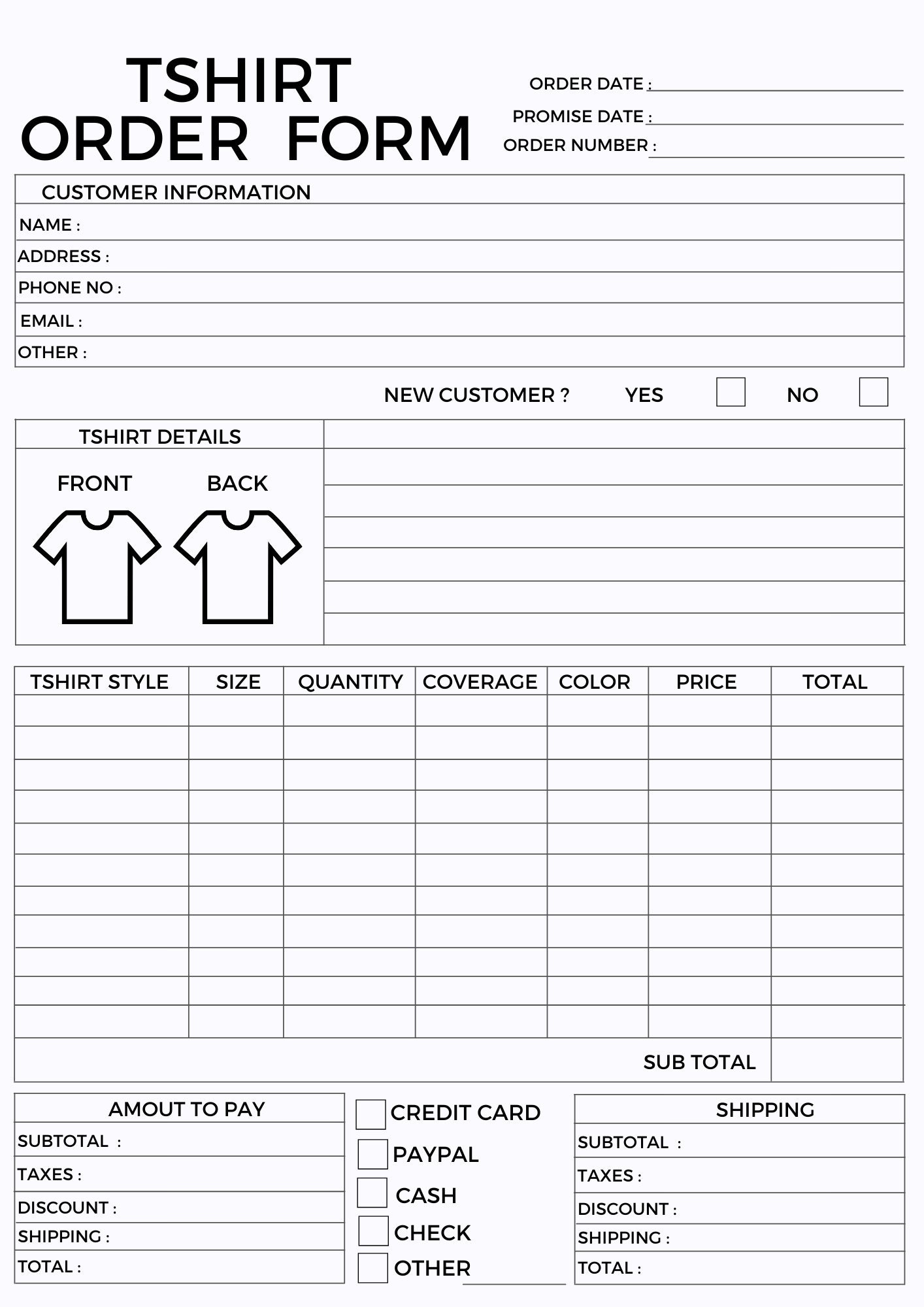 T-shirt Order Form 5 Color Digital Download - Etsy