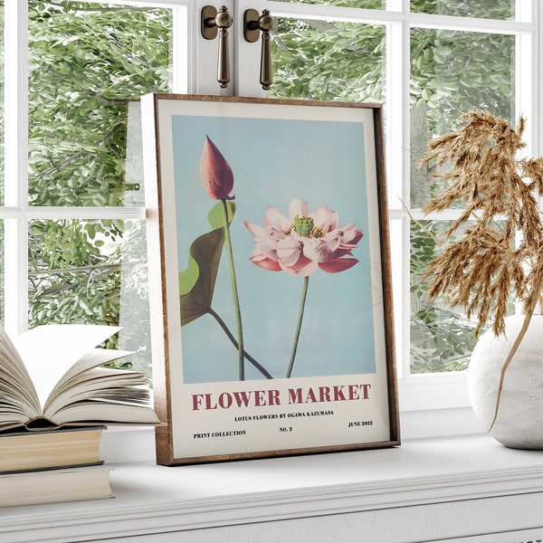 Flower Market Print, Lotus Flower Poster, Botanical Wall Art, Retro Flower Market Poster, Printable Art, Digital Download