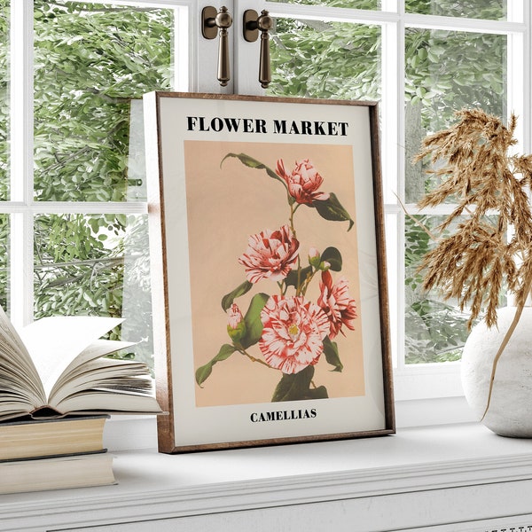 Flower Market Camellias Print, Botanical Wall Art, Vintage Flower Poster, Printable Wall Art, Flower Tokyo, Digital Download