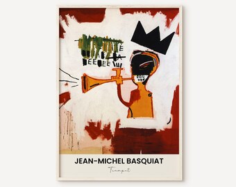 Jean-Michel Basquiat Trumpet Poster Kunstdruck mit Alu Rahmen in schwarz 70x70cm