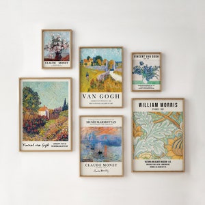 Gallery Wall Set Of 6 Prints, Aesthetic Room Decor, Vintage Paintings, Monet Print, Van Gogh, William Morris, Digital Download image 1