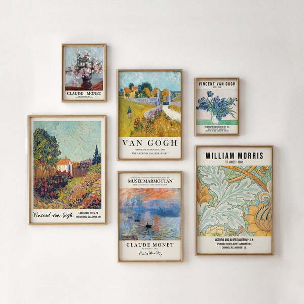 Galerie Wall Set Of 6 Prints, Aesthetic Room Decor, vintage Paintings, Monet Print, Van Gogh, William Morris, Digital Download