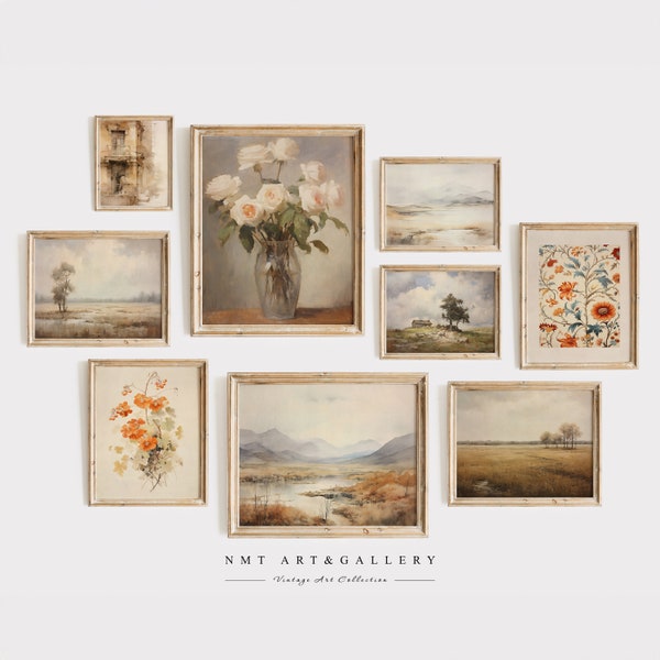 Eclectic Vintage Art Print Collection | Farmhouse-Antique Warm Rustic Wall Decor | Printable Countryside & Botanical Gallery Set