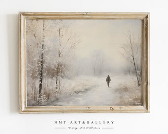 Printable Winter Landscape Wall Art | Snowy Path Vintage Painting | Christmas Printables | Downloadable Art Prints