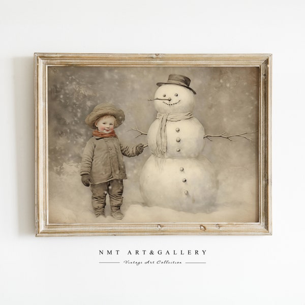 Vintage Sepia Snowman Art, Child and Snowman Printable, Nostalgic Winter Decor, Rustic Snow Scene, Digital Christmas Wall Art